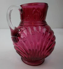 Vintage Fenton Ribbed Cranberry Glass Creamer Pitcher with Clear Handle -5" High