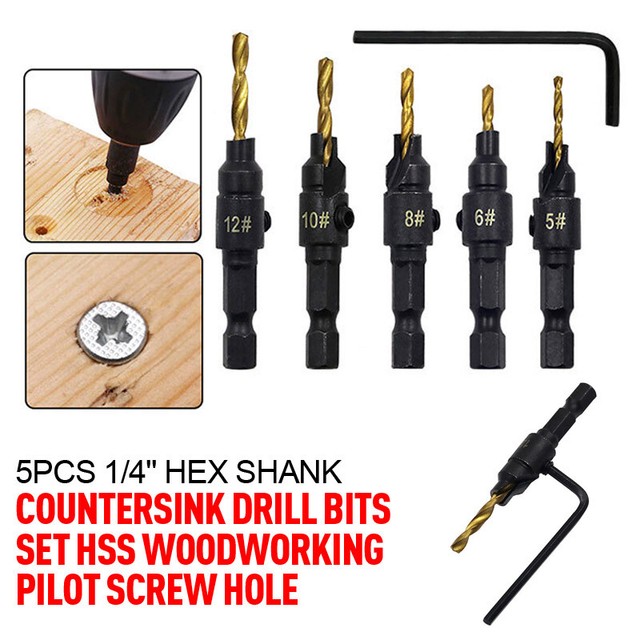 5Pcs 5 Flutes Countersink Drill Bit Set 1/4" Hex Shank HSS Pilot Screw