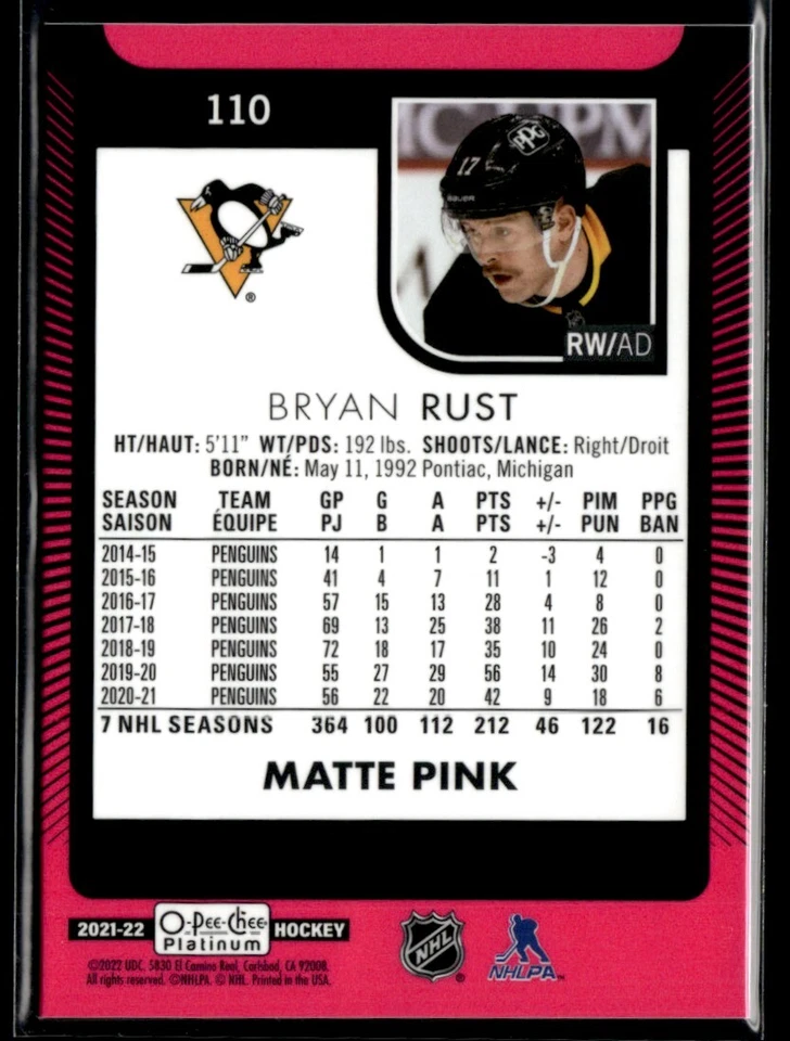 2021-22 O-Pee-Chee Platinum matte pink Bryan Rust #110 H10R4I - Image 2 of 2