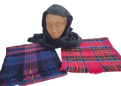 Vintage Plaid Scarfs Stocking Hat Scarf Lot of 3 Retro Grandma Head Warming