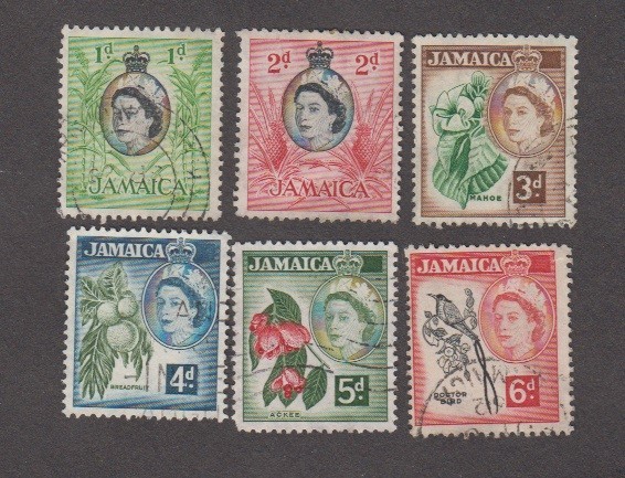 Jamaica 1956-58.  QE II. Local Scenes. Sugar cane. Pineapple. Mahoe. Sc# 160-166