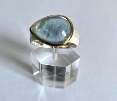 Aquamarine Ring 925Silber Vergoldet Fassung Gr:19,1mm (60) Handgemacht