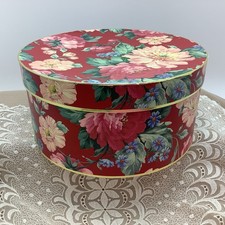 Vtg Small Round Floral Hat/Storage Box With Lid - Red Pink Peonies 8.25 x4.25