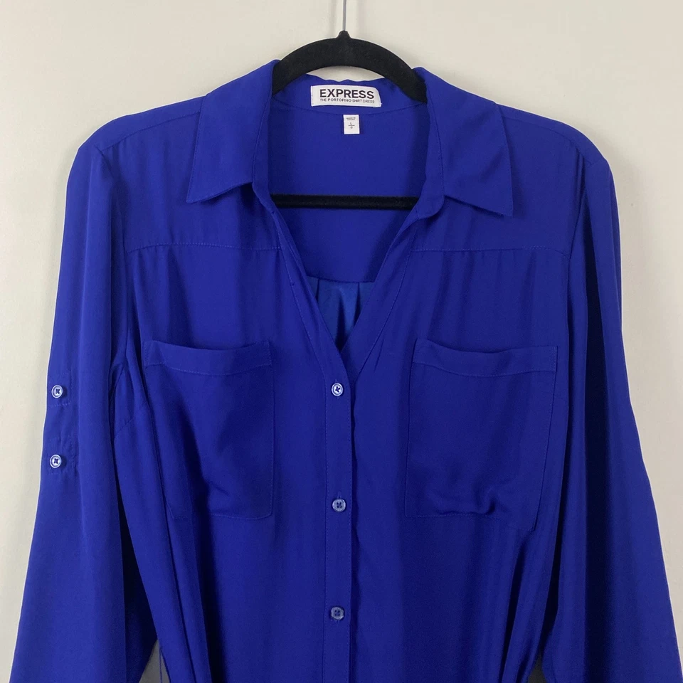 Express Portofino Shirt Dress Size Large Blue Button Front Belted Long Sleeve - Image 2 of 4