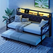 Daybed, Sofa Bed Double with LED and Outlet, Trundle Bed with Storage, Metal Bed