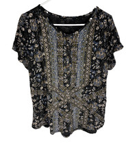 LUCKY BRAND Shirt Womens Size 1X Blue Black Floral Boho Short Sleeve Top