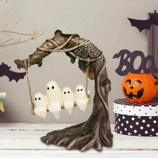 Ghost on Tree Swing Halloween Figurine Cute Indoor Outdoor Decor Type B