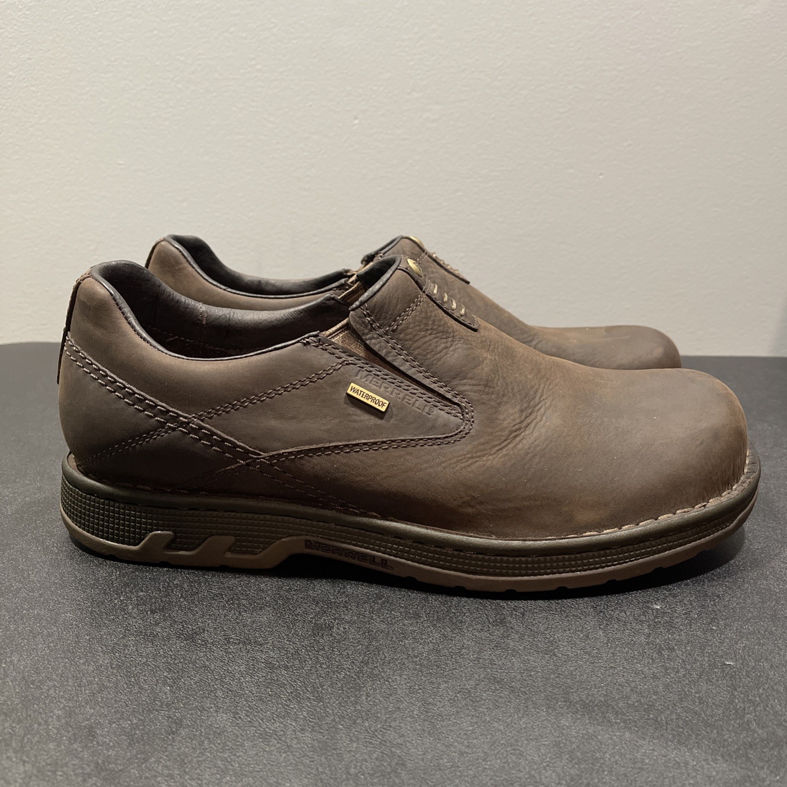 Scarpe slip on Merrell World Legend impermeabili da uomo 11 5 in pelle marrone da esterno