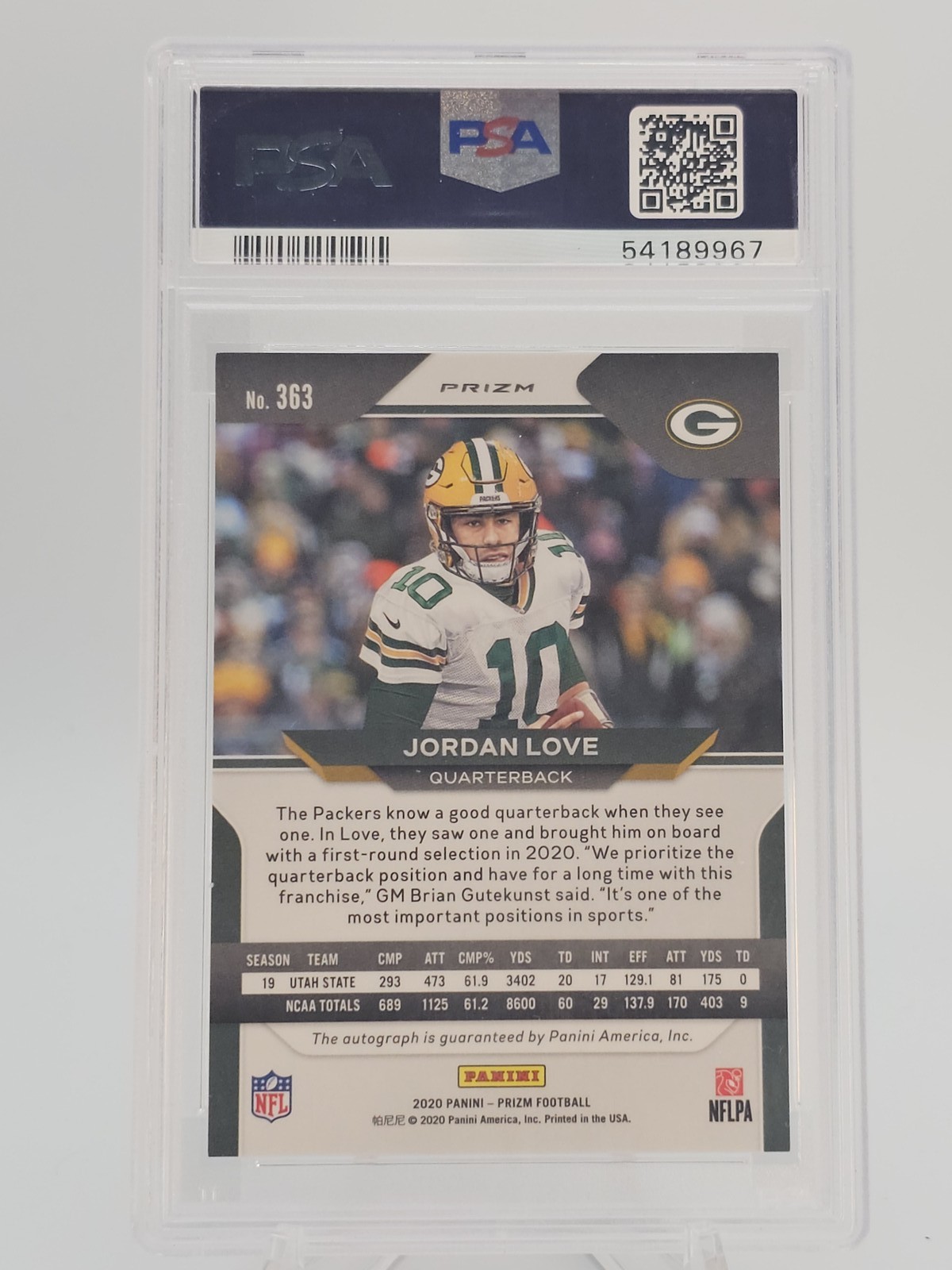 JORDAN LOVE 2020 PANINI PRIZM SILVER ROOKIE AUTO #363 PACKERS MINT PSA 9 Q2167 view 2