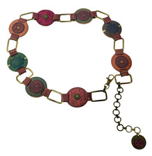 FOSSIL Medallion Hip Belt Size M Embossed Colored Leather Brass Adjustable Chain
