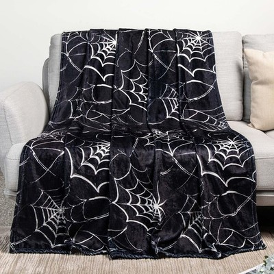 Gothic Spider Web Blanket - Halloween Themed Throw for Goth Room Decor, Black...