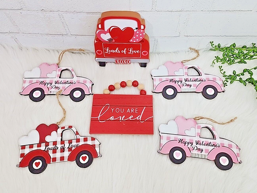 Valentines Day Ornaments Red Hearts Truck Love Tabletop Sign Red Pink 6 Pc NEW