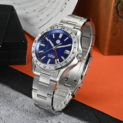 SAN MARTIN SN0129-G-B GMT Automatic Gemstone Dial Date Display 39mm 10ATM Watch - Picture 16 of 44