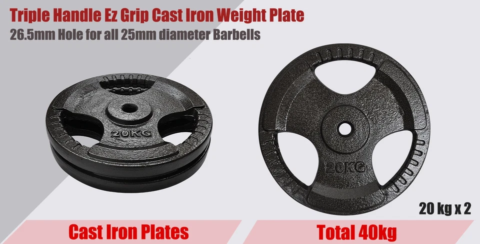 20kg x 2 - Standard 26.5mm Triple Handle Hammertone Cast Iron Weight Plate Set - image 2 of 3