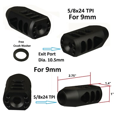 9 mm 5/8x24 5/8-24 TPI Low Concussion Tanker Muzzle Brake Compensator For 9mm