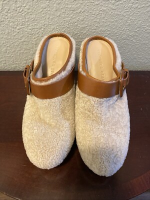 Sherpa Wool Ivory Cream Real Faux Wood Heel Women s 7.5