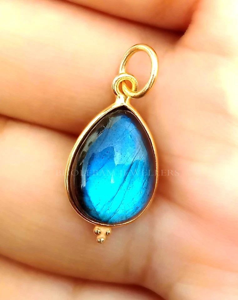 Natural Labradorite Charm Necklace, 18k Yellow Gold Pendant , Handmade Jewelry - Image 2 of 3