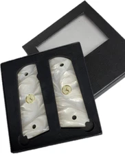 1911 White Pearl Acrylic Full-size Gun Grips with Gold Colt Medallions....