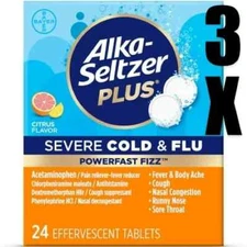 ALKA-SELTZER PLUS (3 PACK 24 EACH) Severe Cold Flu Powerfast Fizz Original 12/26