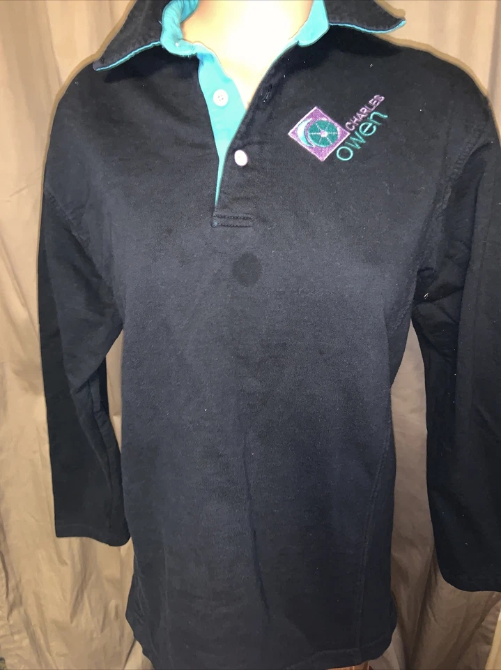 Camisa de montar Charles Owen para eventos estilo rugby negra púrpura verde azulado mediana Foto 3 de 4