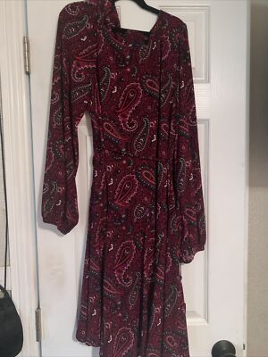 tommy hilfiger paisley chiffon midi dress Tommy Hilfiger Women's Paisley Red Multi A-Line Mock-Neck Keyhole Dress Sz 12