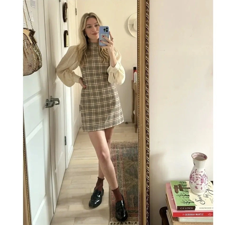 Sea New York Beatriz Plaid Mini Dress Cream Mock Neck Long Sleeve Sz 6 - Image 4 of 4