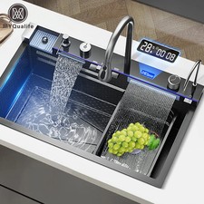 Stainless Steel Waterfall Kitchen Sink Large Single Slot Integrated Digital
