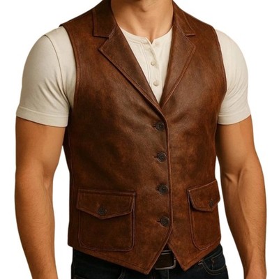Leather Vest Men Western Cowboy Biker Waistcoat Vintage Brown Formal Multi Sizes