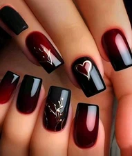 Press-On Nails Gothic Dark Red Black Heart  Short/Medium Coffin Shaped