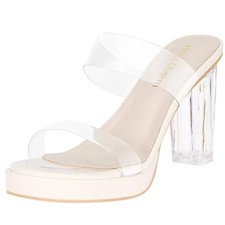 Women's Platform Heels Clear Chunky Block Heeled Sandals 10 Beige