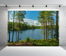 20X10Ft Fabric Forest Lake Backdrop Nature Park Lakeside Green Trees Scenery Bac