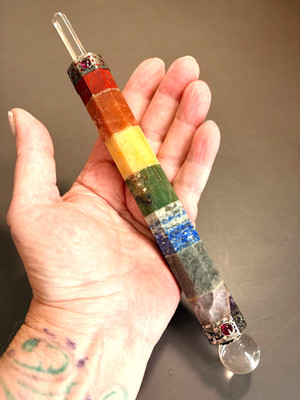 Chakra Healing Wand 8 inch 7 Bonded Stones with Clear Quartz Crystal Point NEW