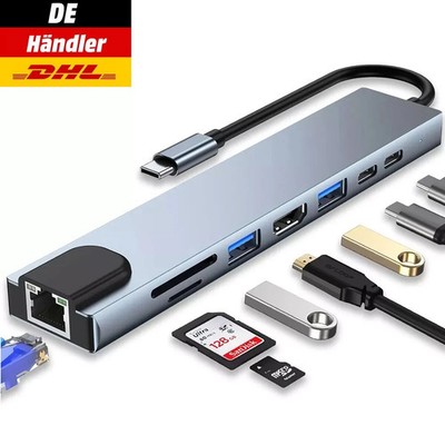 USB-C Hub 8-IN-1 Adapter 4K HDMI USB 3.0 LAN RJ45 Ethernet Micro SD Kartenleser