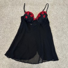 Black Mesh Babydoll Nightgown Red 3D Floral Rosette Underwire Lingerie Slip Sz M