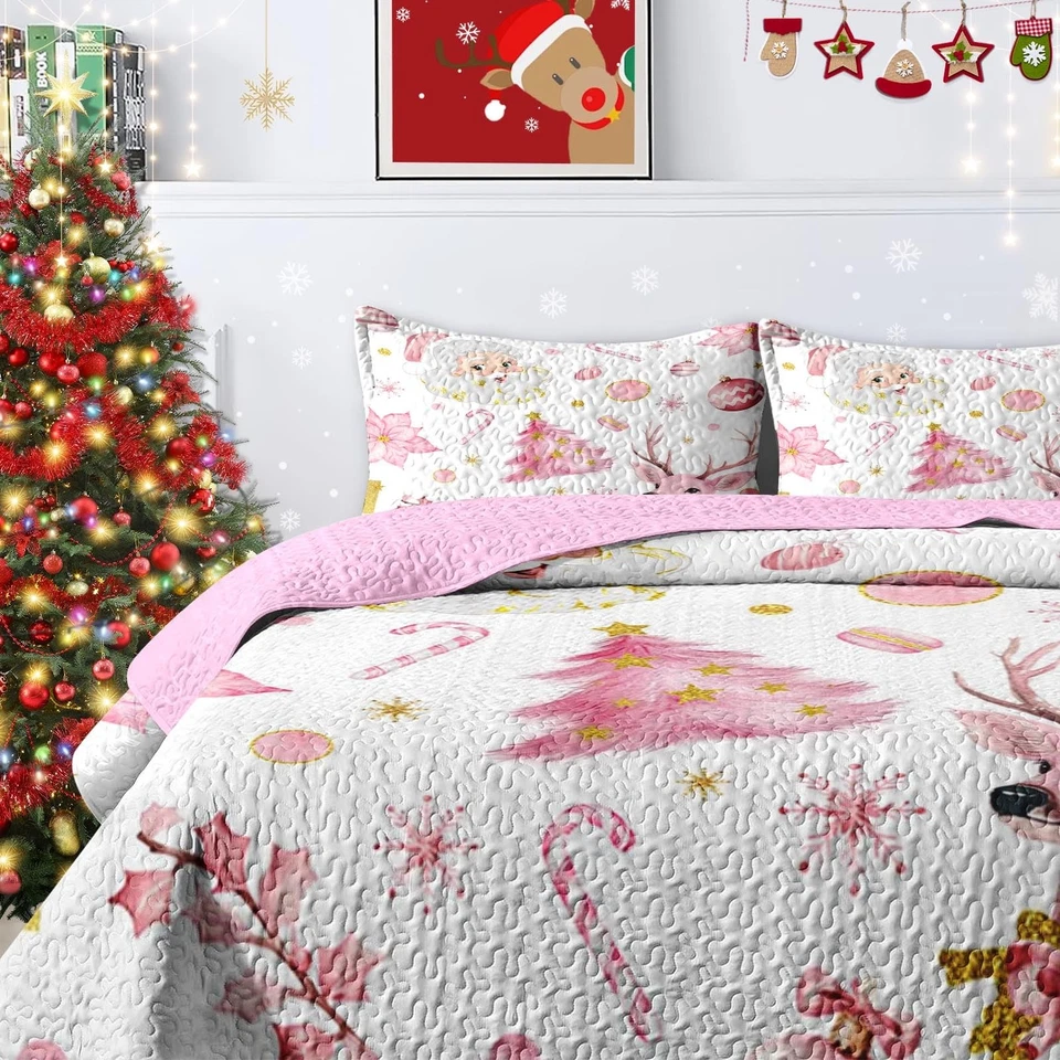 Christmas King Size Quilt Set, Pink Winter Funny Santa Claus Lightweight Beds... - Image 3 of 4