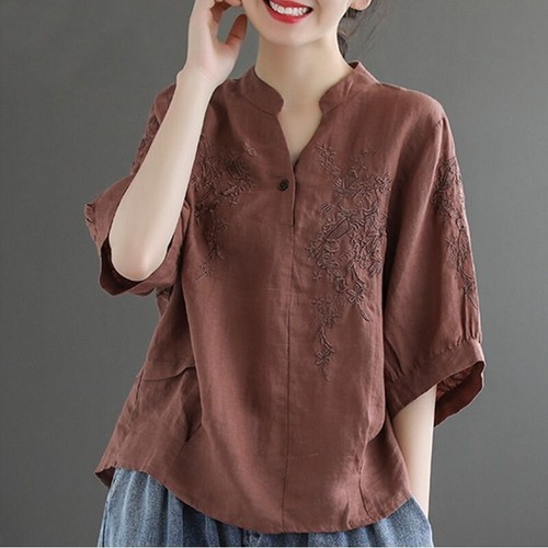 Damen Stickerei Blumen Bluse Shirt 3/4 Arm Ethno V-Ausschnitt locker lässig Retro - Bild 16 von 28