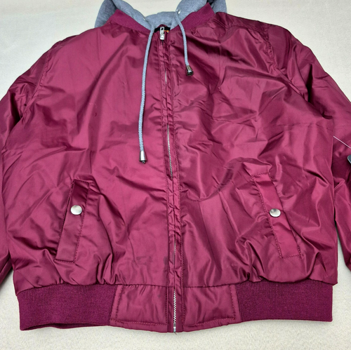 Ambiance Outerwear Womens L Double Zip Burgundy Bomber Jacket Hooded Semi-Crop - Picture 2 of 12