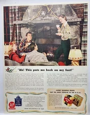 1942 A&P Food Stores Tea Family Fireplace Vintage Print Ad Man Cave Poster Art