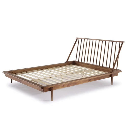 Mid-Century Modern Solid Wood Queen Platform Bed Frame with Spindle Headboard -