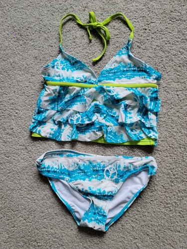 Justice Swim Girls Sz 8 Fashion Bikini 2 piece swimsuit Peace print Ruffled top - Picture 3 of 11