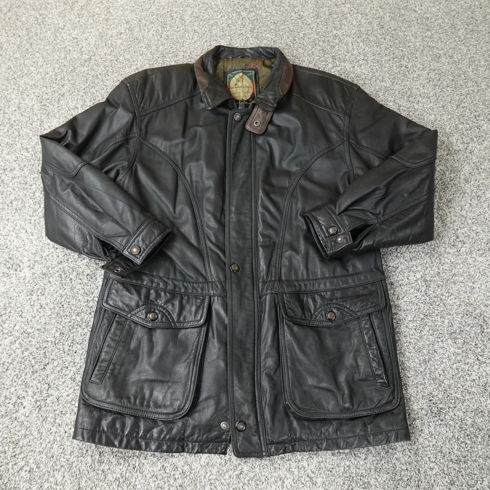 VTG Members Only Jacket Mens S Black Leather Hunting Bird Long Coat Trench Parka - Image 2 of 4