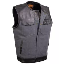 Milwaukee Leather 3005 Men's Brute Grey Denim Vest w/ Black Perforated Leather