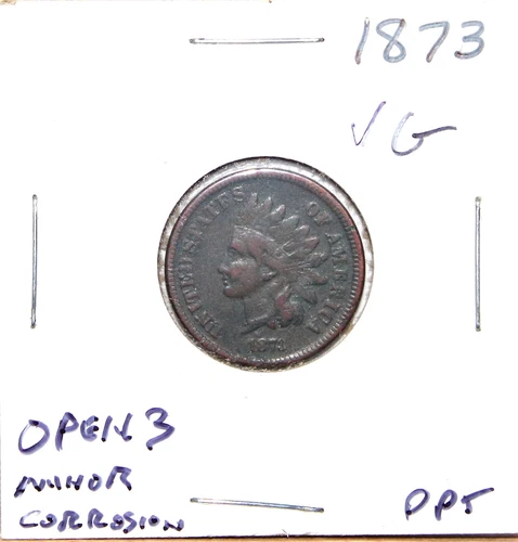 1873 US Indian Head Cent Open 3 VG Very Good Details  (PPT)