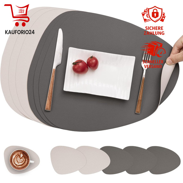 Tischsets Rund Abwaschbar Doppelseitig Rutschfest Kunstleder Grau Beige 6Er Set-image