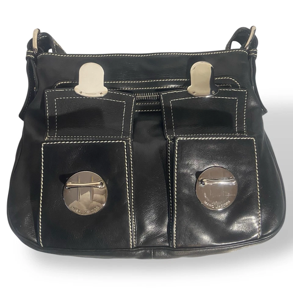 Bolso de Hombro Hobo De Colección Mark Jacobs Cuero Negro Cremallera Cerraduras Empujables Gamuza Forrado Foto 4 de 4