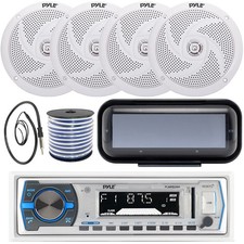 Pyle Single DIN MP3 Bluetooth Marine Receiver, 4x 6'' 240W Speakers W/Wire