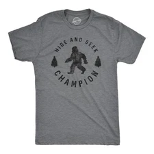 Mens Hide and Seek Champion T shirt Funny Bigfoot Tee Humor Cool Graphic Print