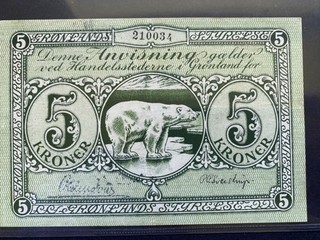 GREENLAND ND (1926) 5 kroner AU XF signature ink smears Polar Bear RARE KM15d