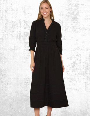 Damen WYSE Baumwollkleid Alina schwarz Knopfleiste V-Ausschnitt UVP 195£