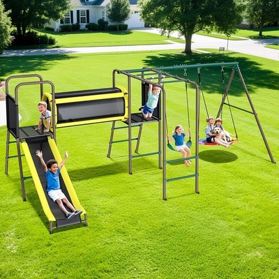 Metal Swing Set Playground Set for Kids w/ 2 Swings, Climbing Ladder, 6ft Slide